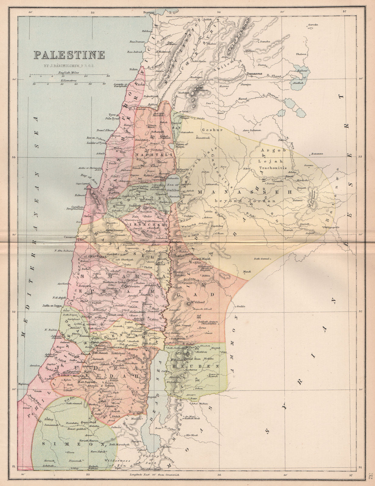 PALESTINE. 12 tribes of Israel. Judea Samaria Galilee. BARTHOLOMEW 1878 map